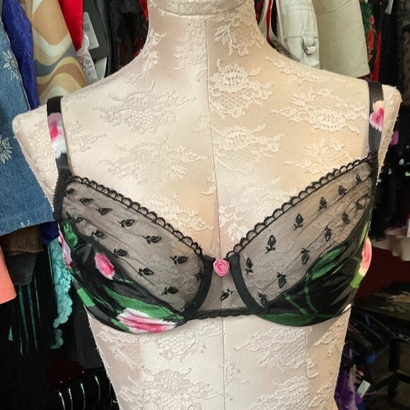 Vintage Valentino Intimo Floral Satin Underwire Bra Size 36C Black/Pink - Picture 1 of 3